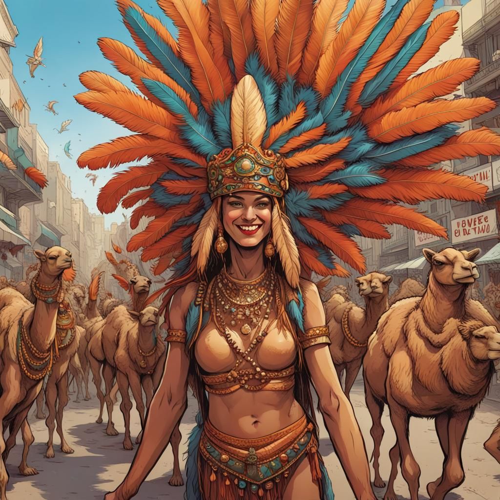 carnival parade of camels with big feather headdress, brazil...