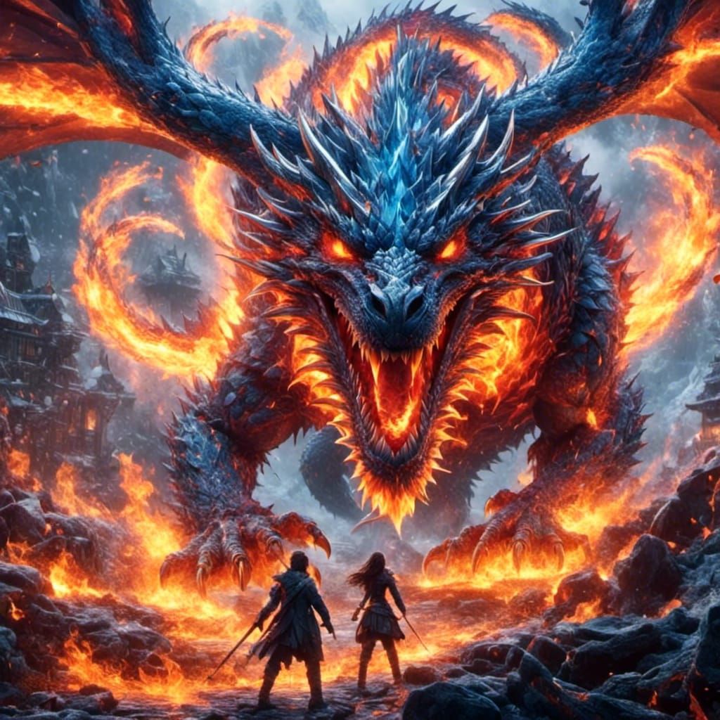 Fire and Ice Dragons in Hyperrealistic Fantasy