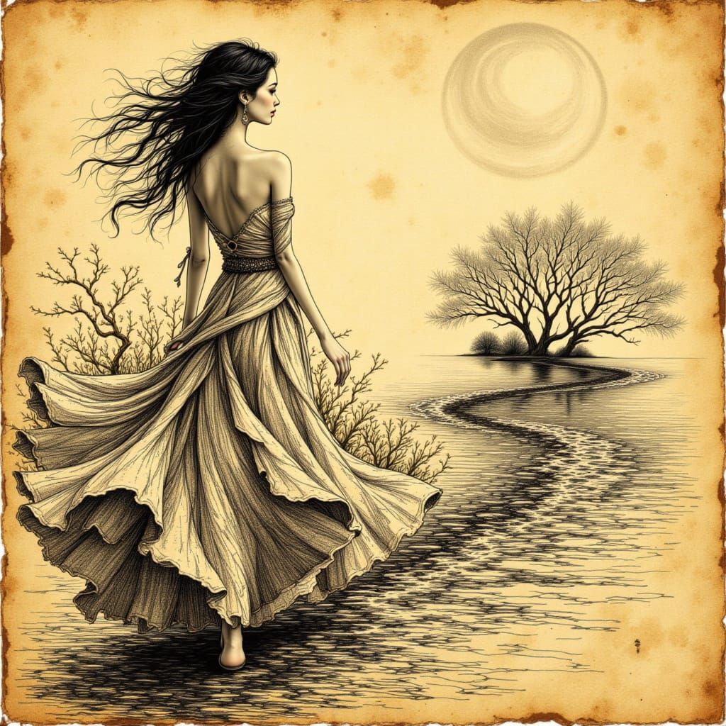 Calligraphic Woman on Ancient Manuscript in Dreamlike Style