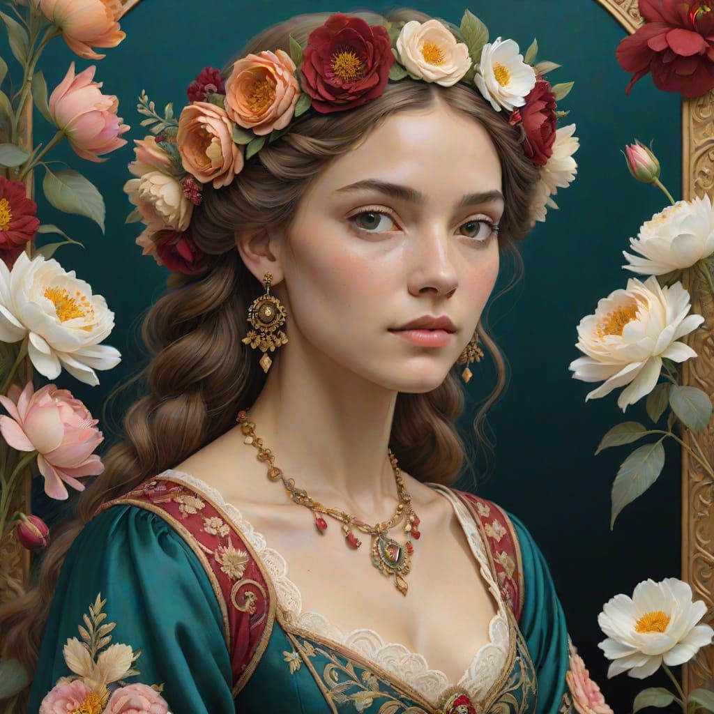 Woman with Flower Crown in Lush Garden Portrait