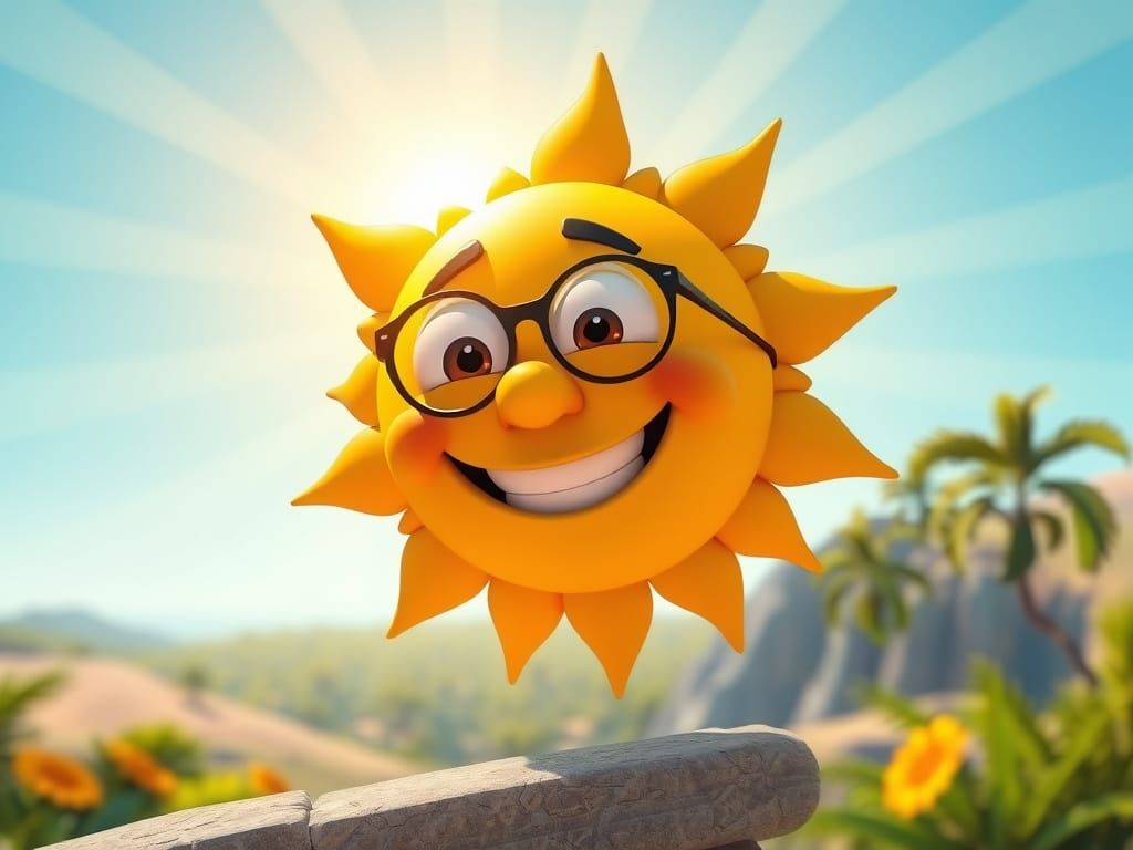 Cheerful 3D Sun Overlooking Summer Landscape