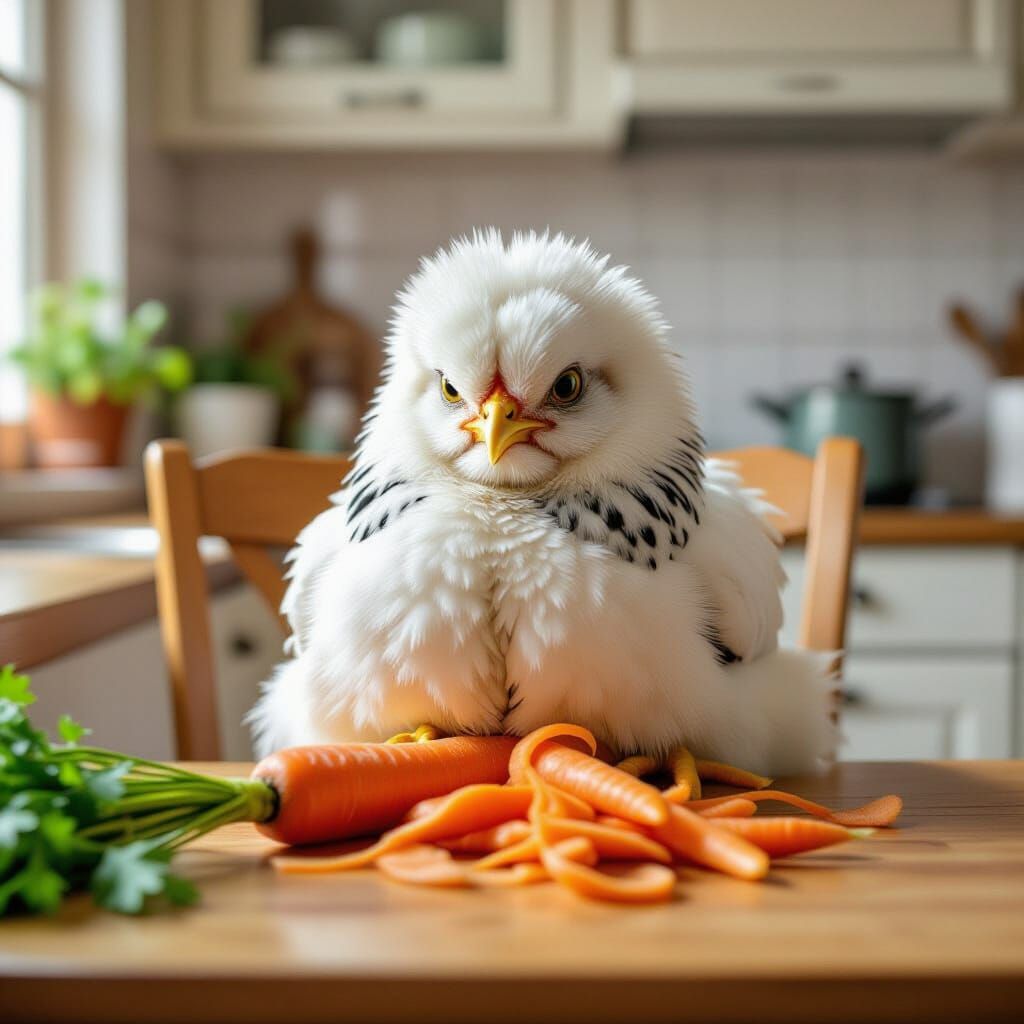Grumpy Chick Peeling Carrots in Kitchen