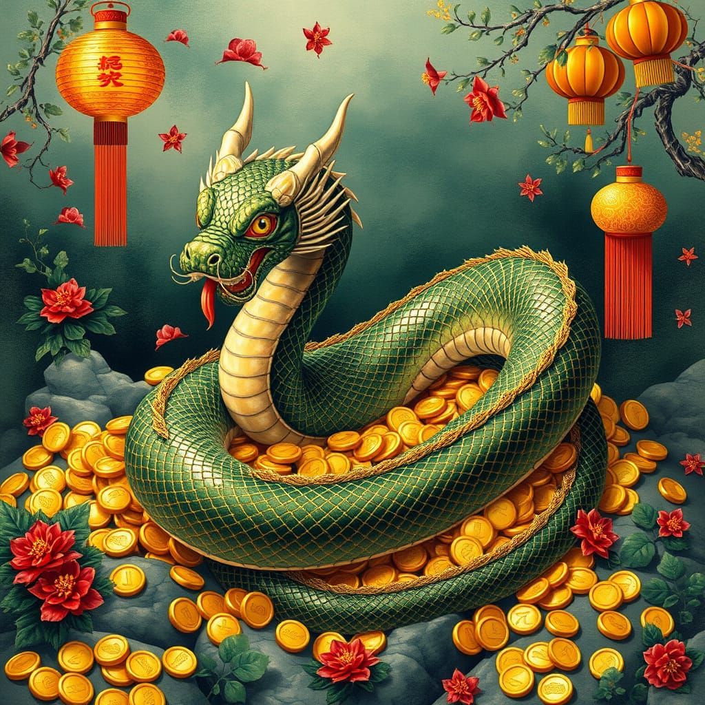 Chinese Serpent Amidst Gold and Greenery