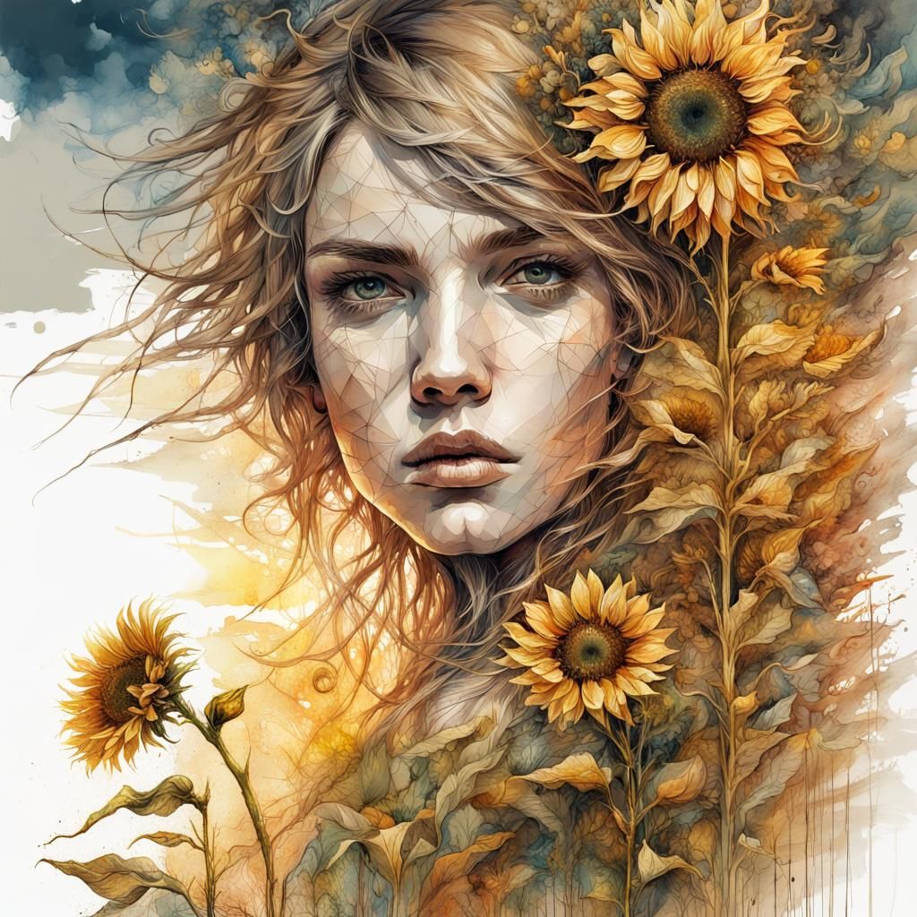 Epic Sunflower Illustration in Watercolor Ink Art