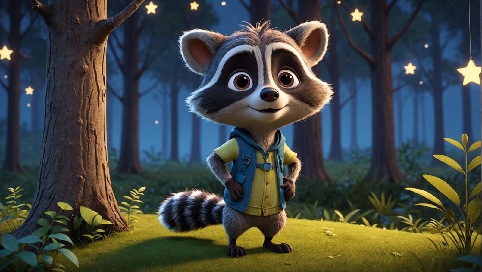 Raccoon Gazing at Stars in Disney Style Forest