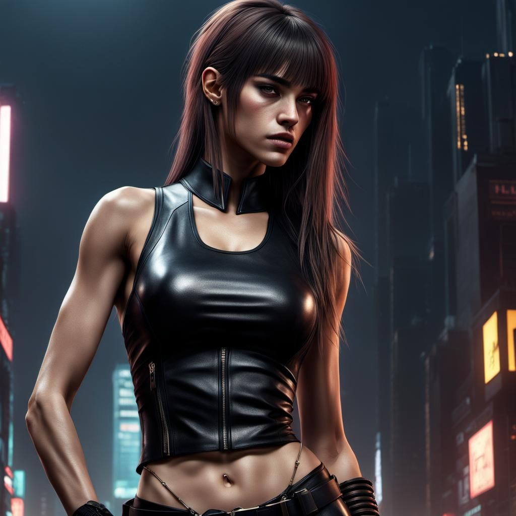 Young girl, tall, thin, athletic, sassy, discontented, looks like Sofia Boutella, sharp thin facial features, brown long...