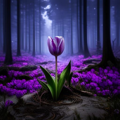 Purple Tulip Growing in Campfire Ashes