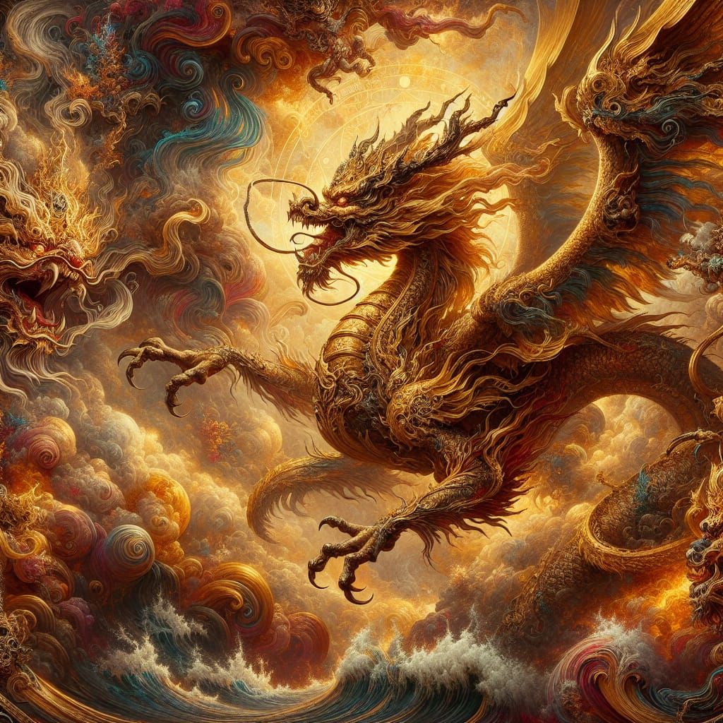 Epic Golden Dragon in Fierce Motion, Inspired by Pre-1912 Re...