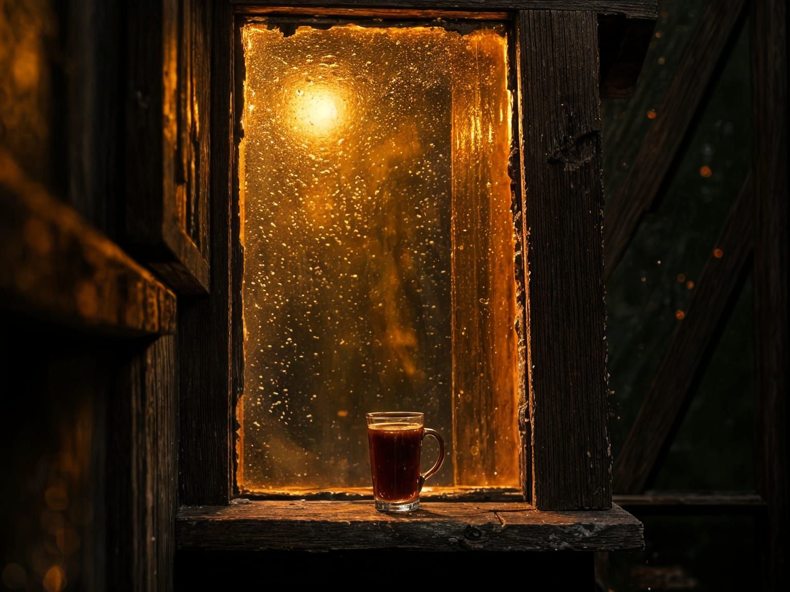 Warm Tavern Window on Rainy Night