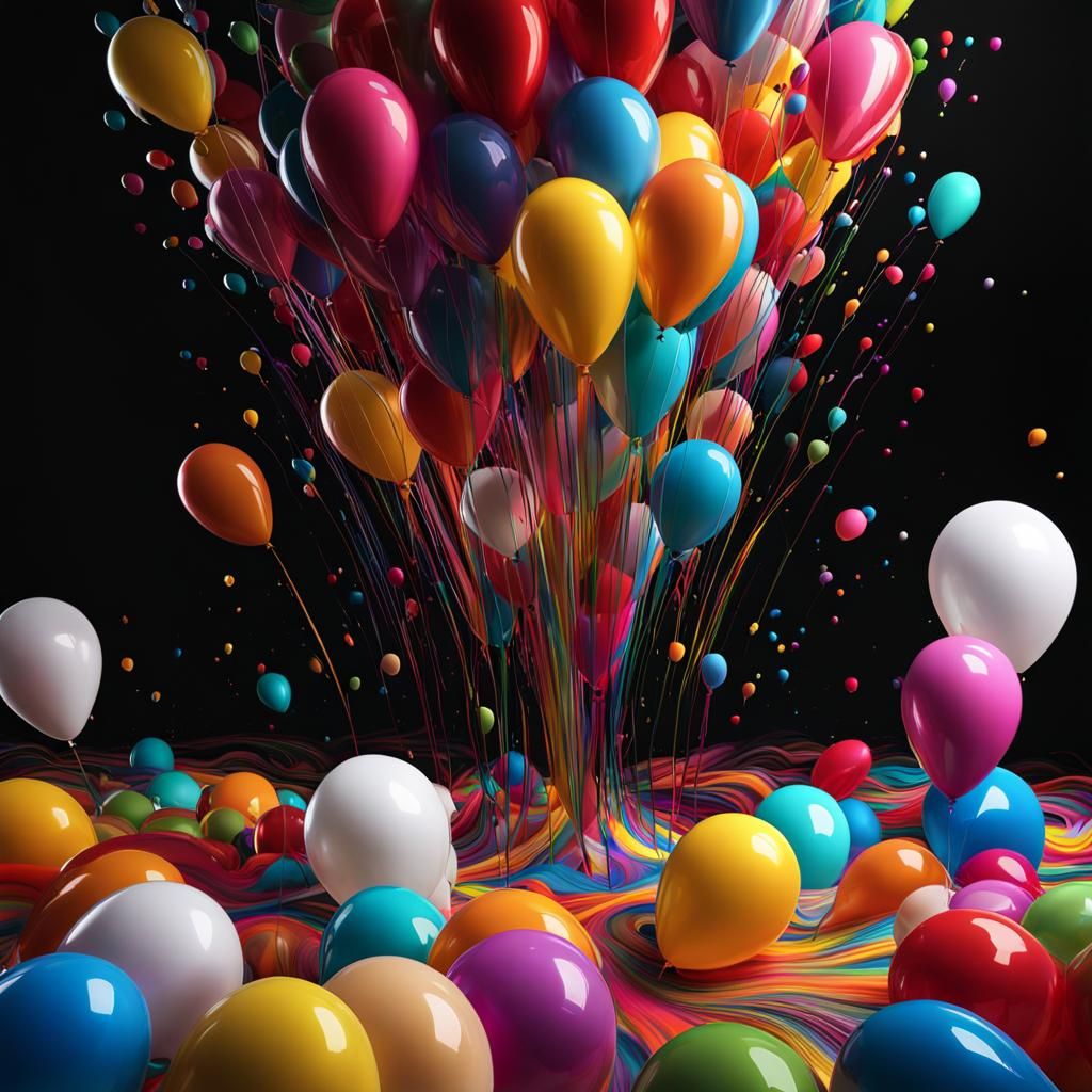 Balloons Transforming into Colorful Paint Cascade