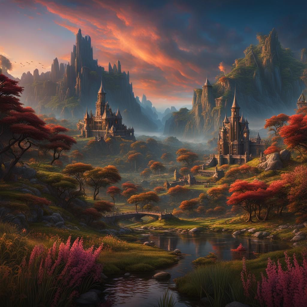 Fantastical Landscape in Deep Color, Detailed Matte Painting