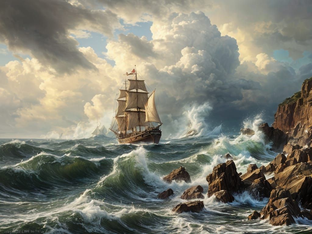 Stormy Seas: A Ship Battles Towering Waves in Romantic Style