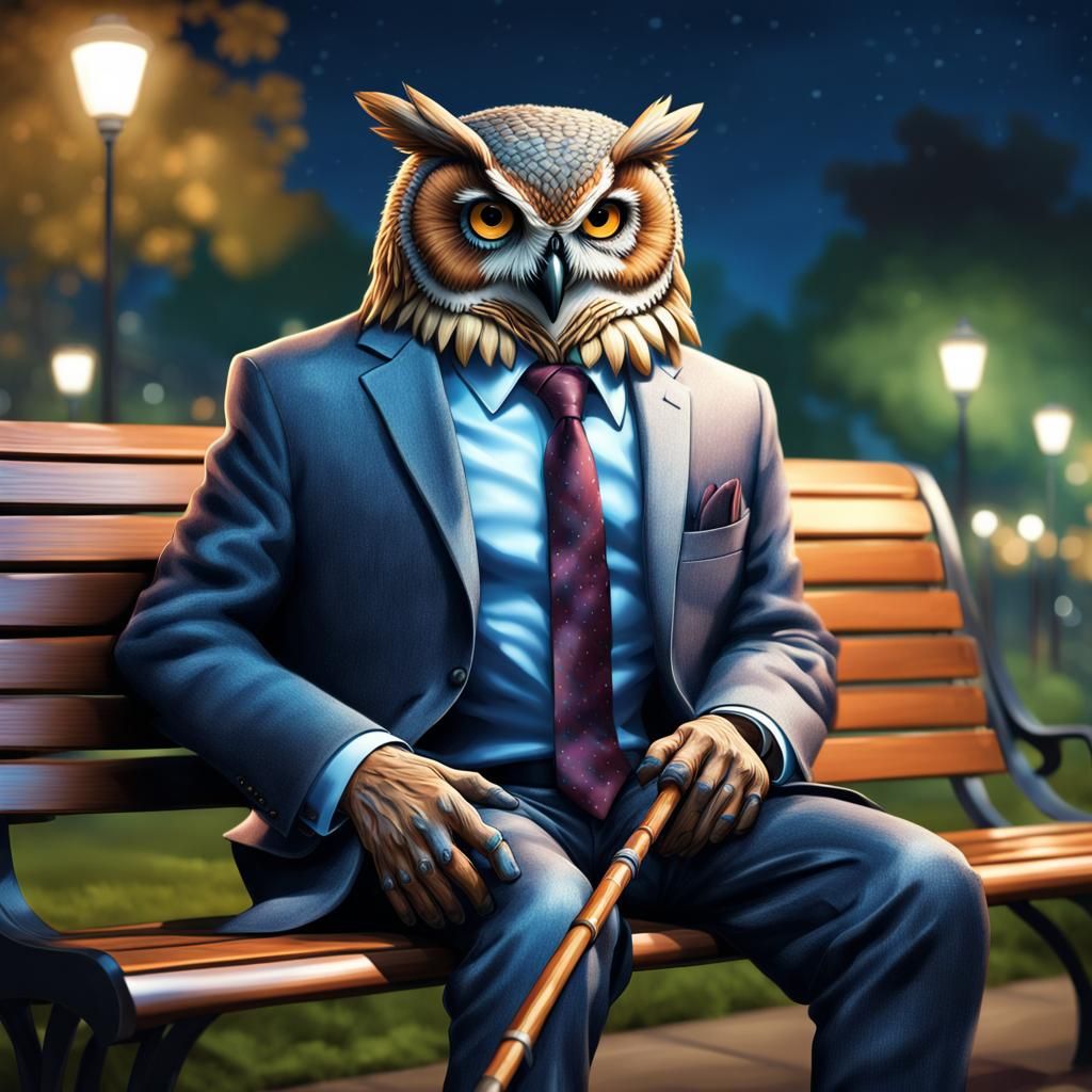 Hyperrealistic Humanoid Owl in Park at Night