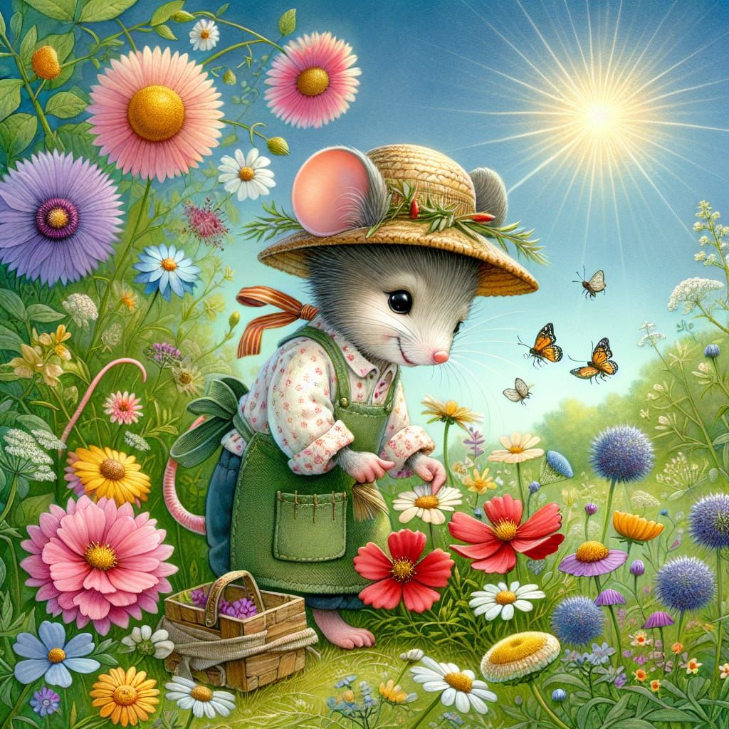 Mouse Gardener Collecting Wildflowers: Storybook Illustratio...