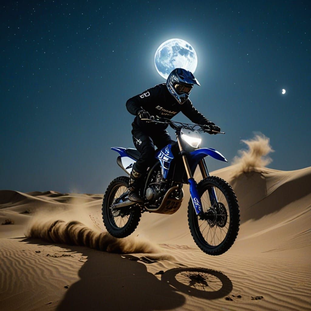 Dirt Bike Rider Soars Through Desert Dunes at Night