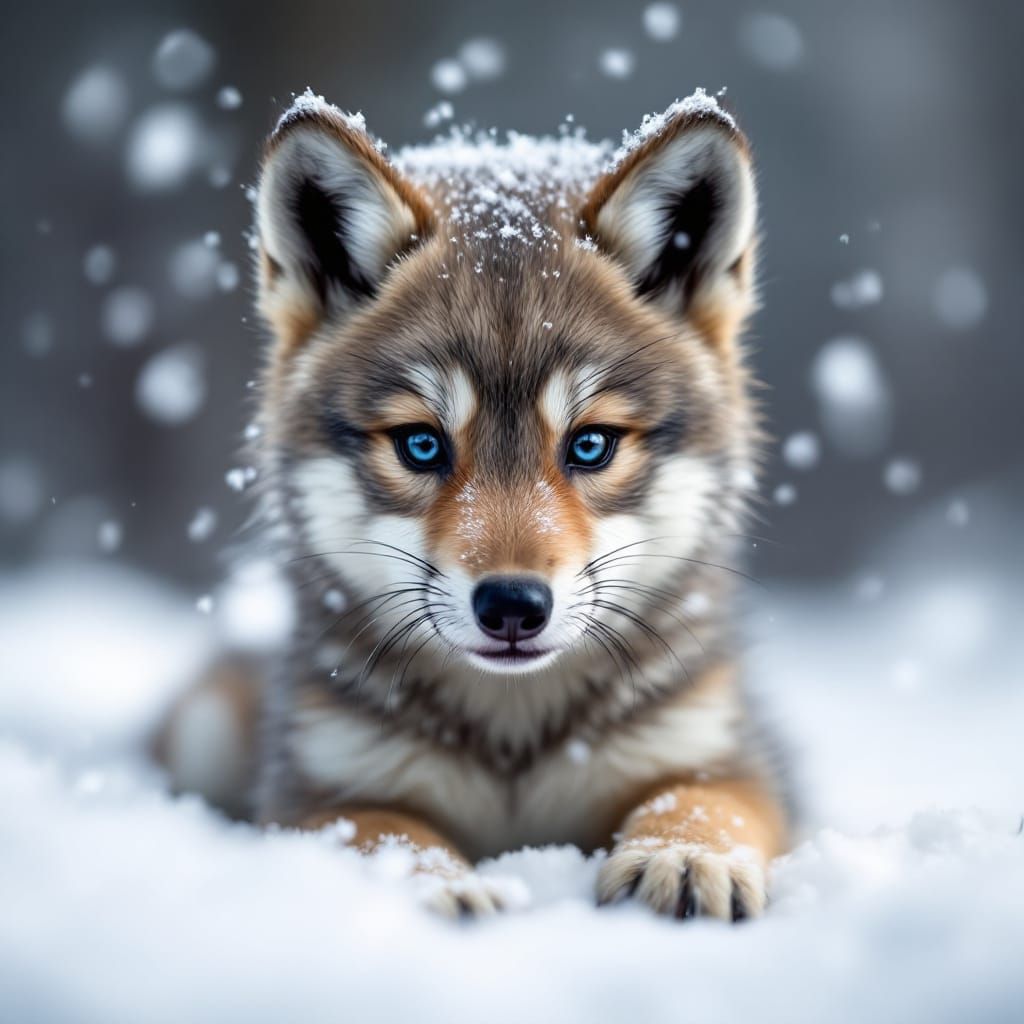 Realistic Wolf Cub Portrait in Snowy Forest
