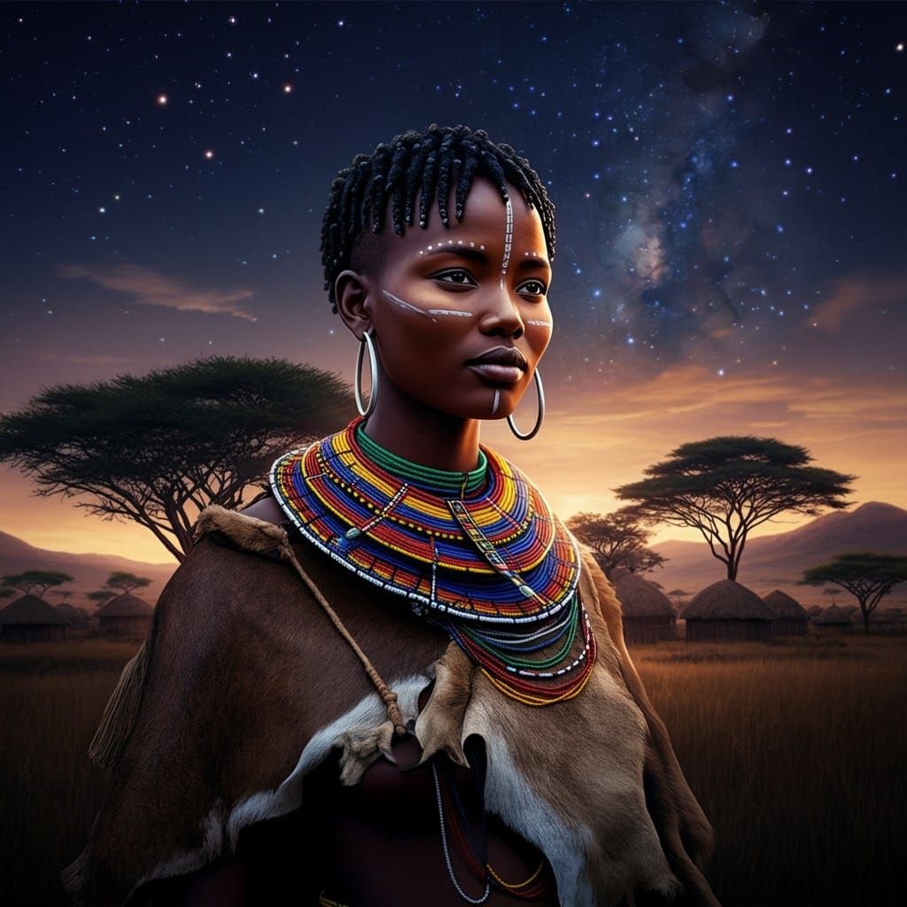Kenyan Goddess Seta in Starry African Landscape
