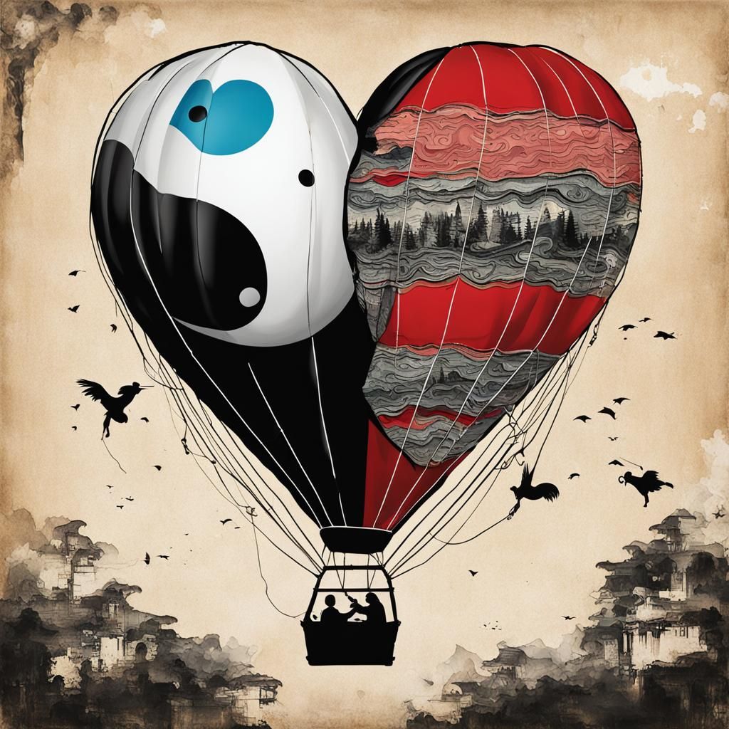 Yin Yang Heart Hot Air Balloon, Abstract Art