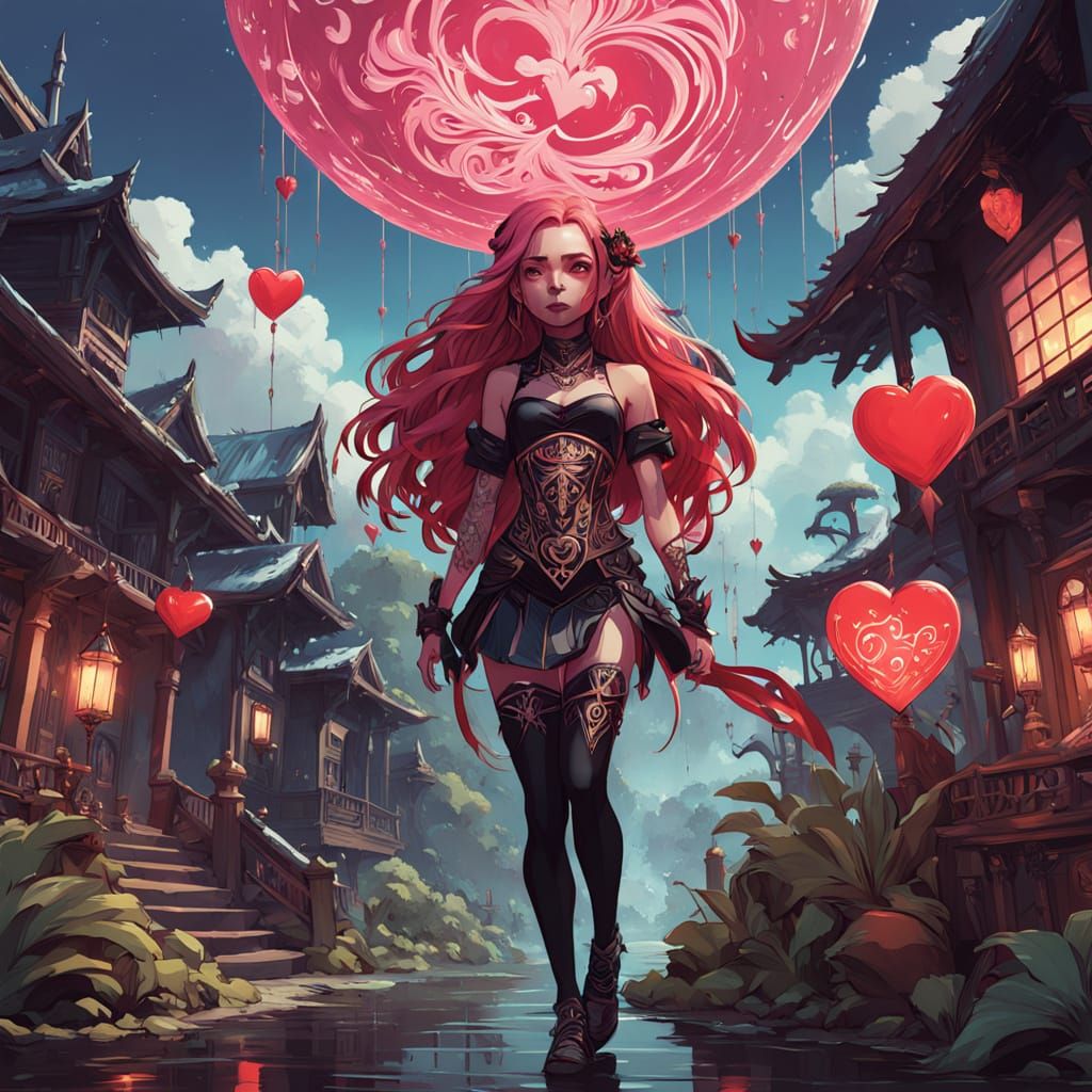 Gothic Goddess Venus Holds Valentine's Card in Tropical Para...