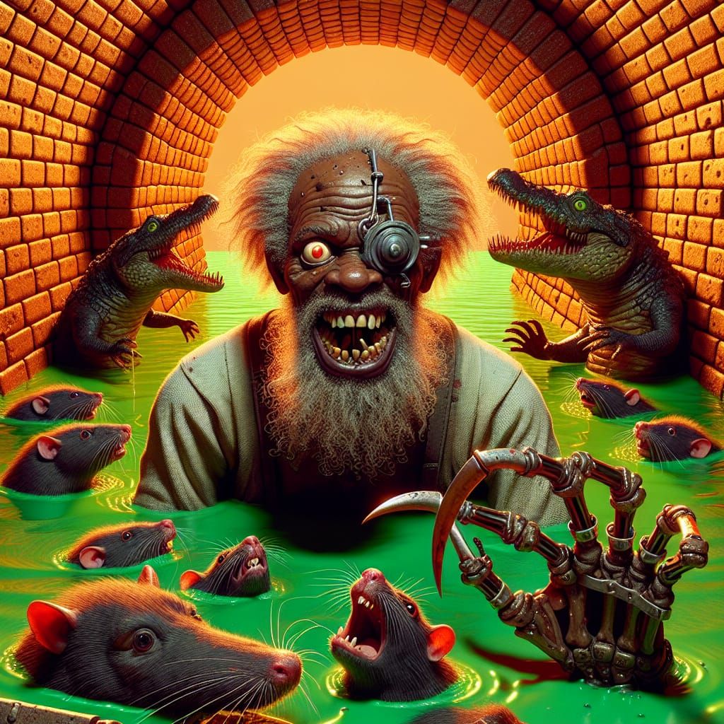 Man in Sewer with Crocodiles and Rats, 3D Digital Art