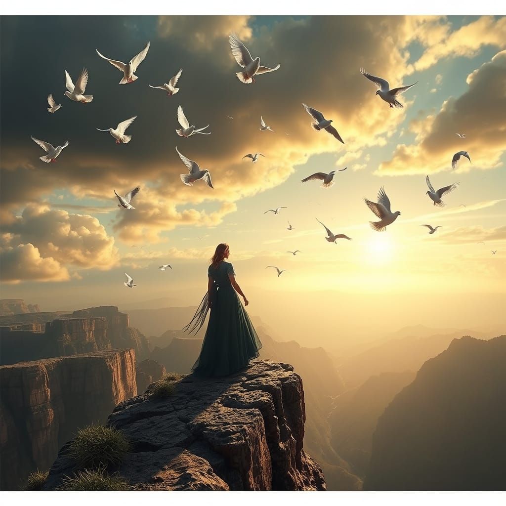 Couple Standing on Cliffside with Doves in Dramatic Digital ...