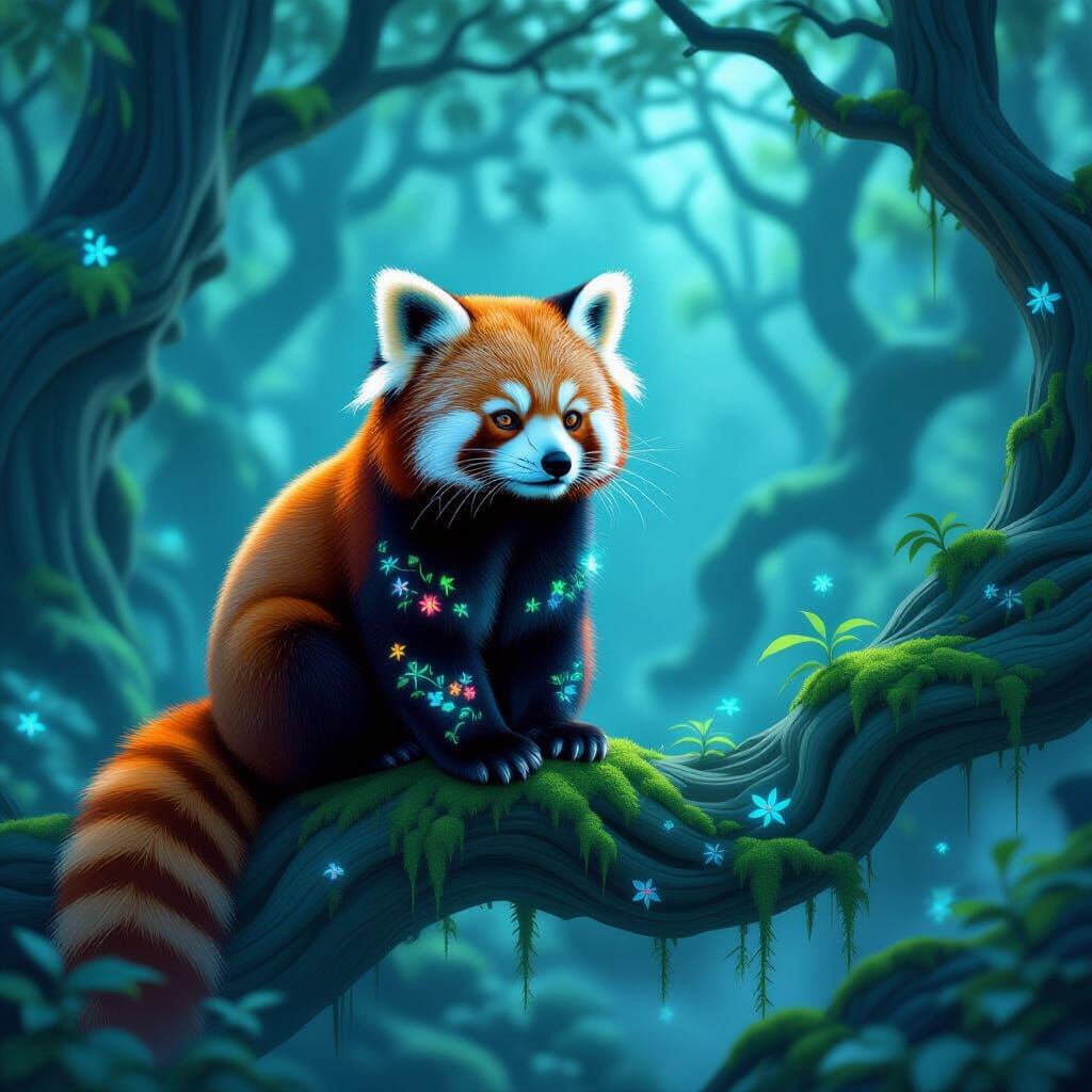 Red Panda in Bioluminescent Forest Matte Painting