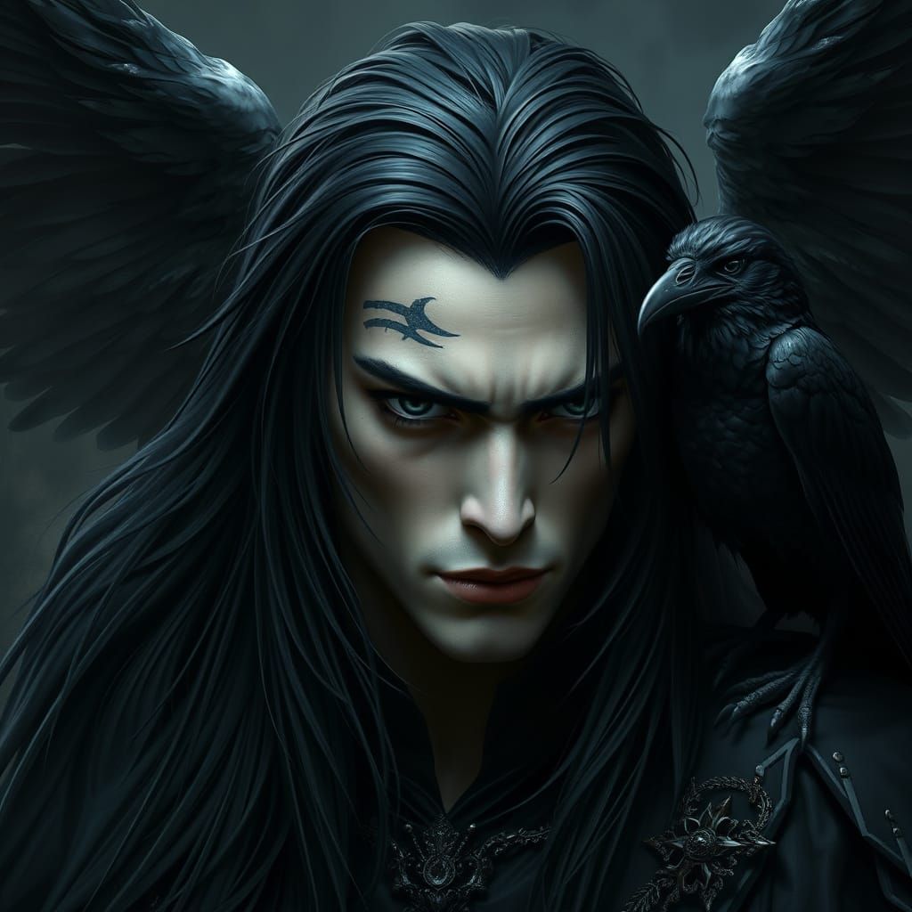 Dark Figure with Crow Wings and Mysterious Gaze