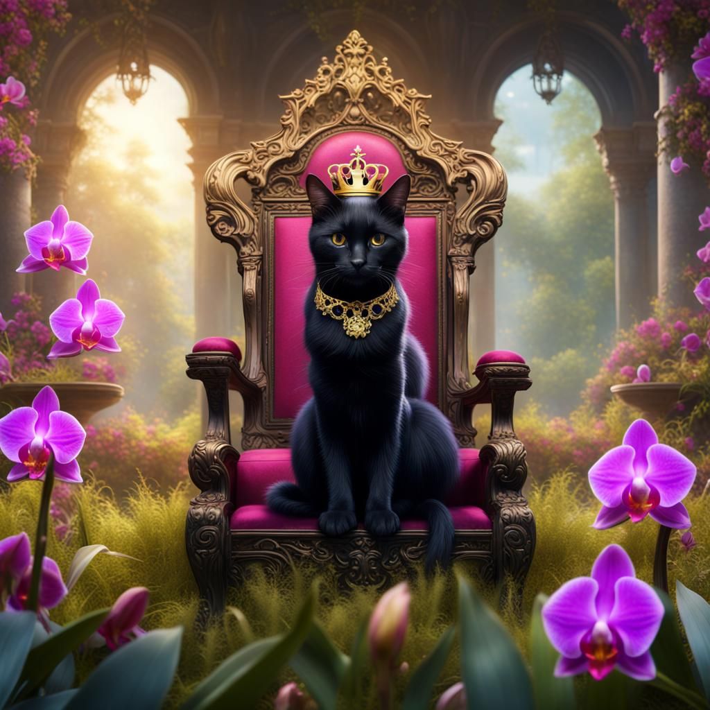 Black Cat King on Throne in Orchid Meadow