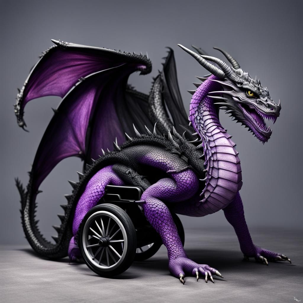 Photorealistic Black and Purple Dragon in Wheelchair