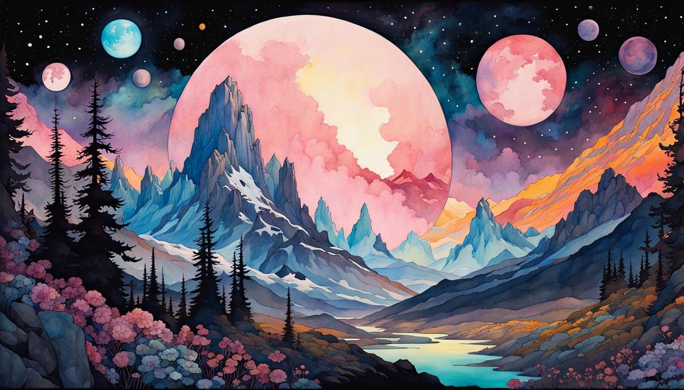 Art Nouveau Mountains Under Cosmic Sky
