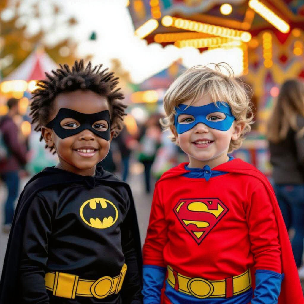 Excited Boys in Superhero Costumes at Carnival