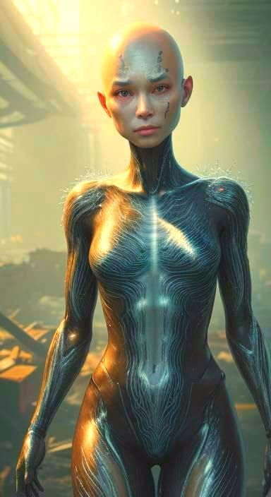 Iridescent Woman Covered in Multicolored Amoeba in Warehouse