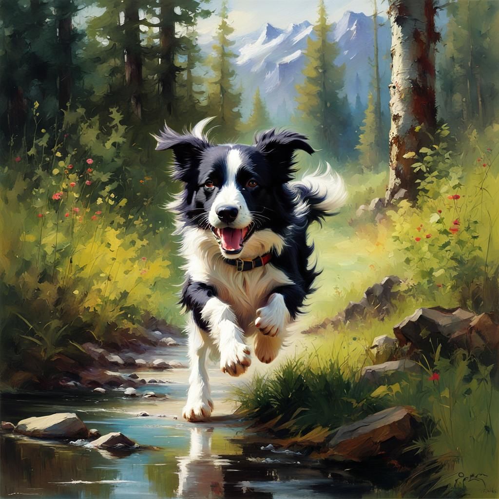 Joyful Border Collie Runs Through Forest Trail