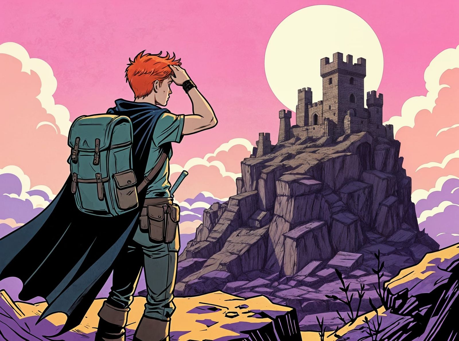 Adventurer Discovers Ruined Fortress in Retro Comic Style