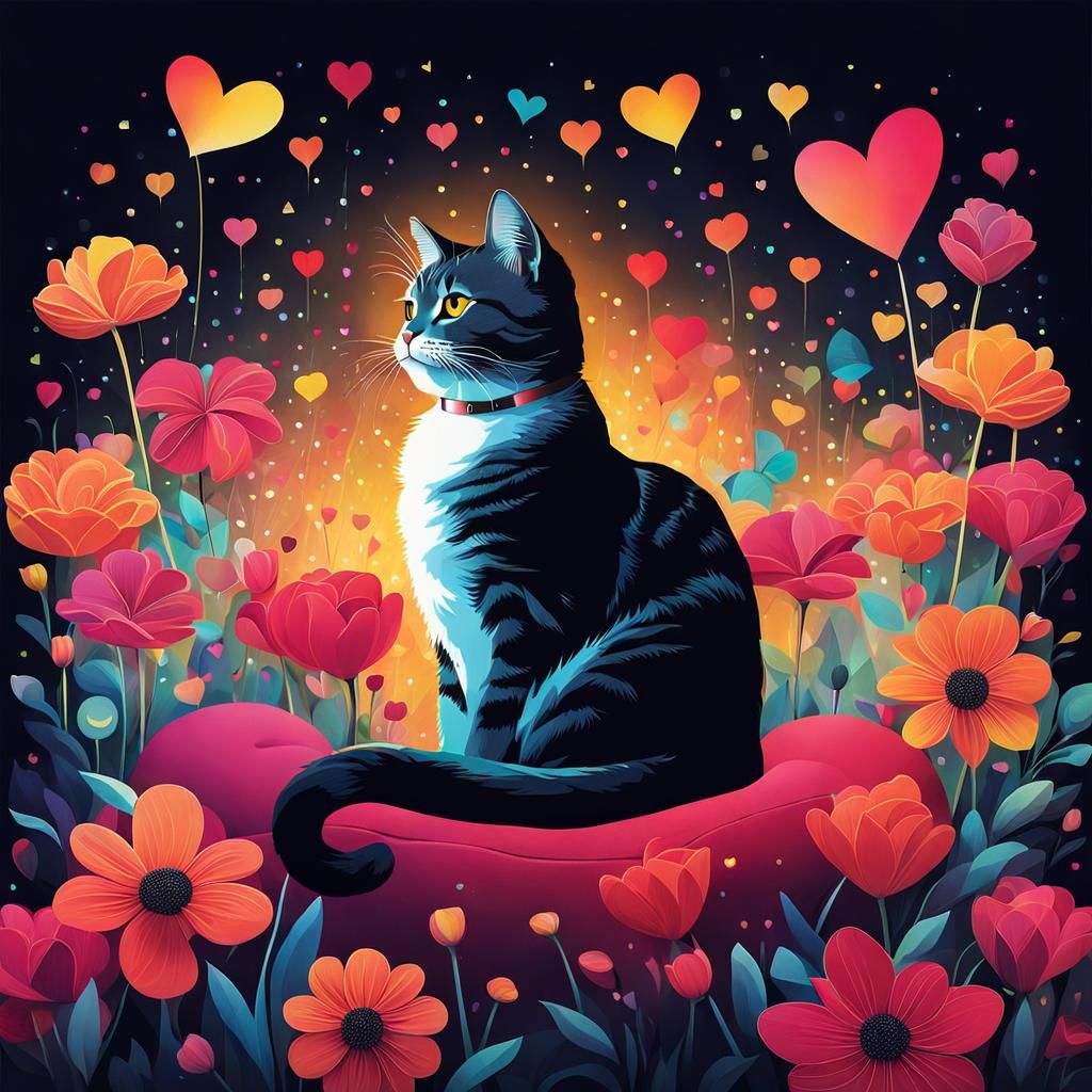 Geometric Cat Art with Heart Lights