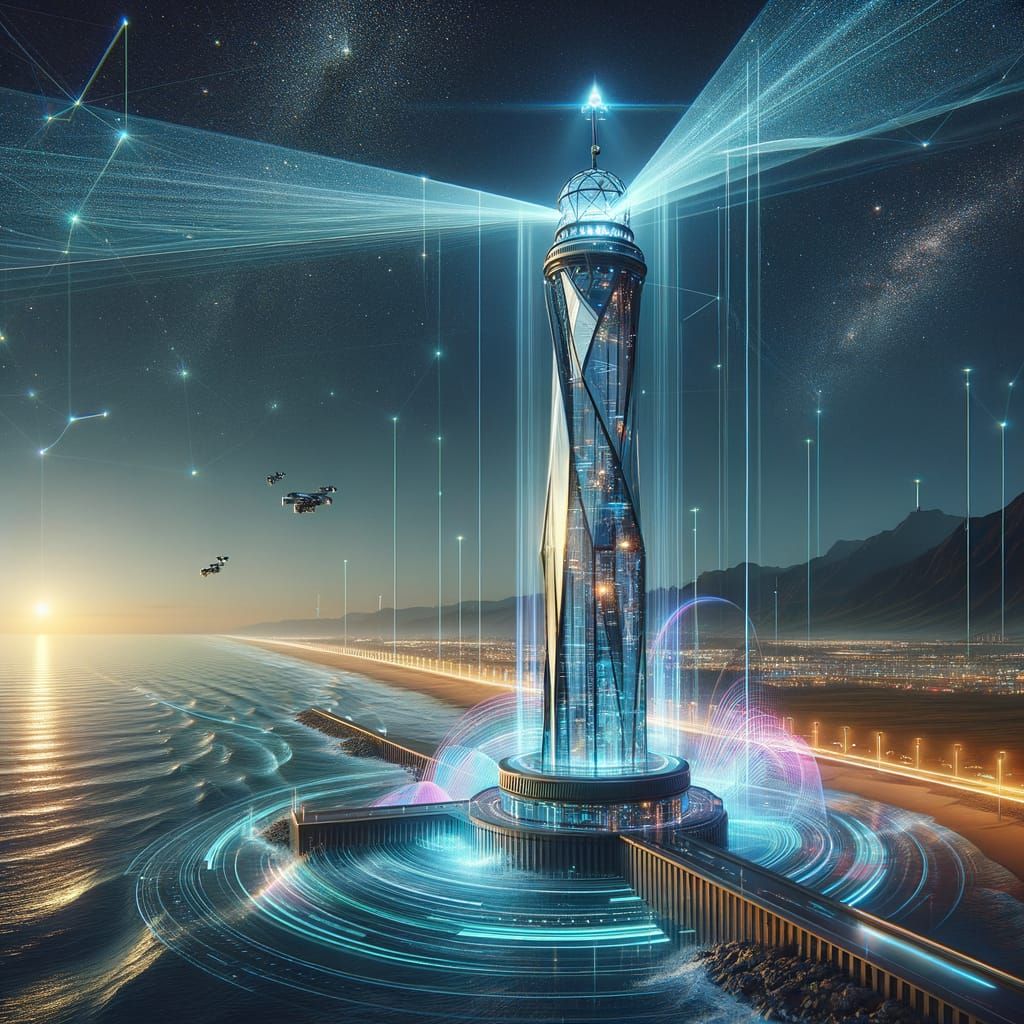 Futuristic Lighthouse with Neon Coastline and Holographic Wa...