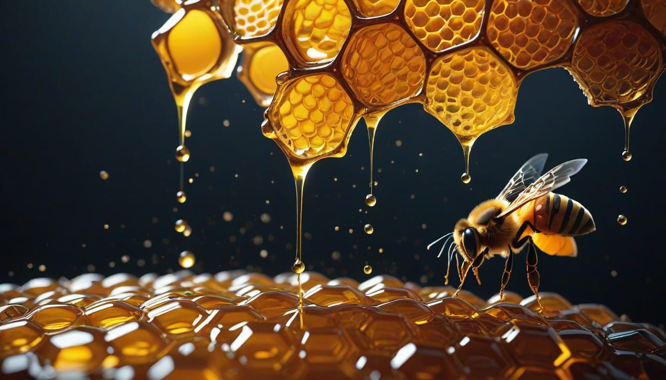 Surreal Honeycomb Up Close with Hyper-Realistic Honey Drople...