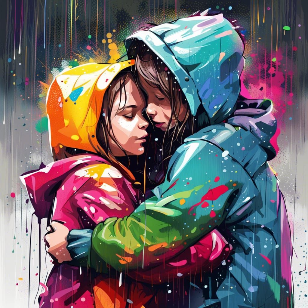 Vectorized Sibling Embrace in Rainy Graffiti Style