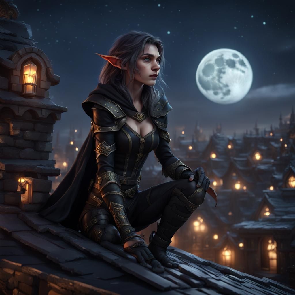 Elf Thief on Rooftop in Detailed Matte Painting