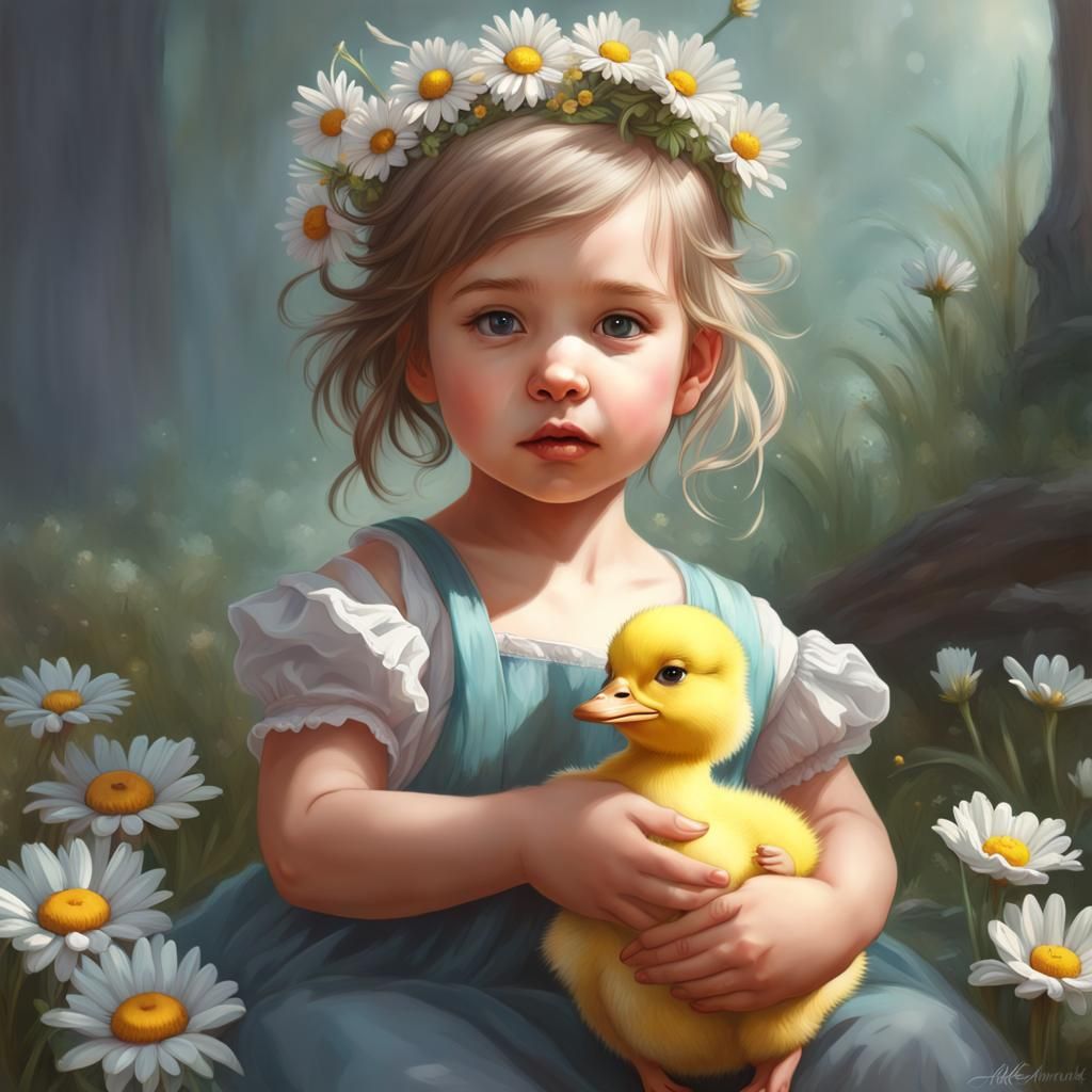 Toddler with Duckling and Daisies: Hyperdetailed Portrait