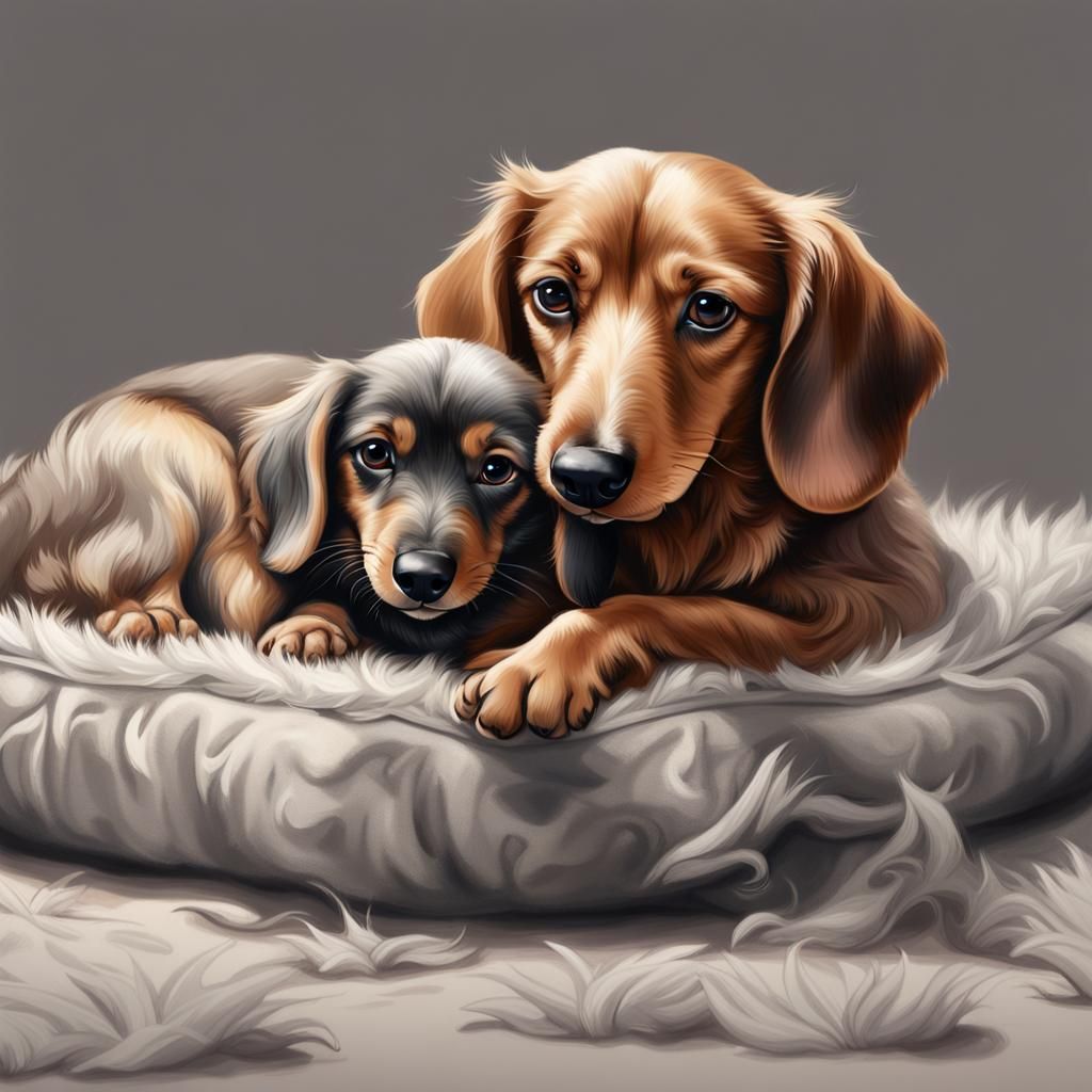 Beige Dachshund Dad and Puppy, Hyperrealistic Art