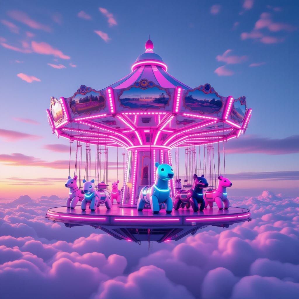 Eco-Futuristic Floating Platform with Neon Carousel