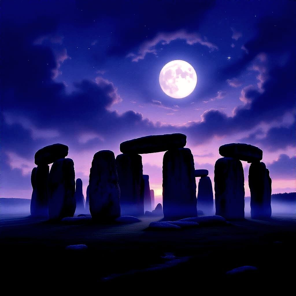 Mystical Stonehenge at Twilight Bathed in Moonlight