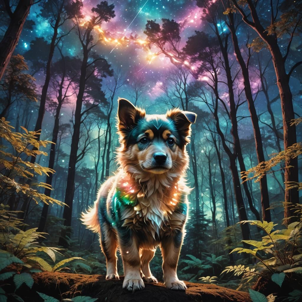 Mythical Puppy in Nebula Night Sky
