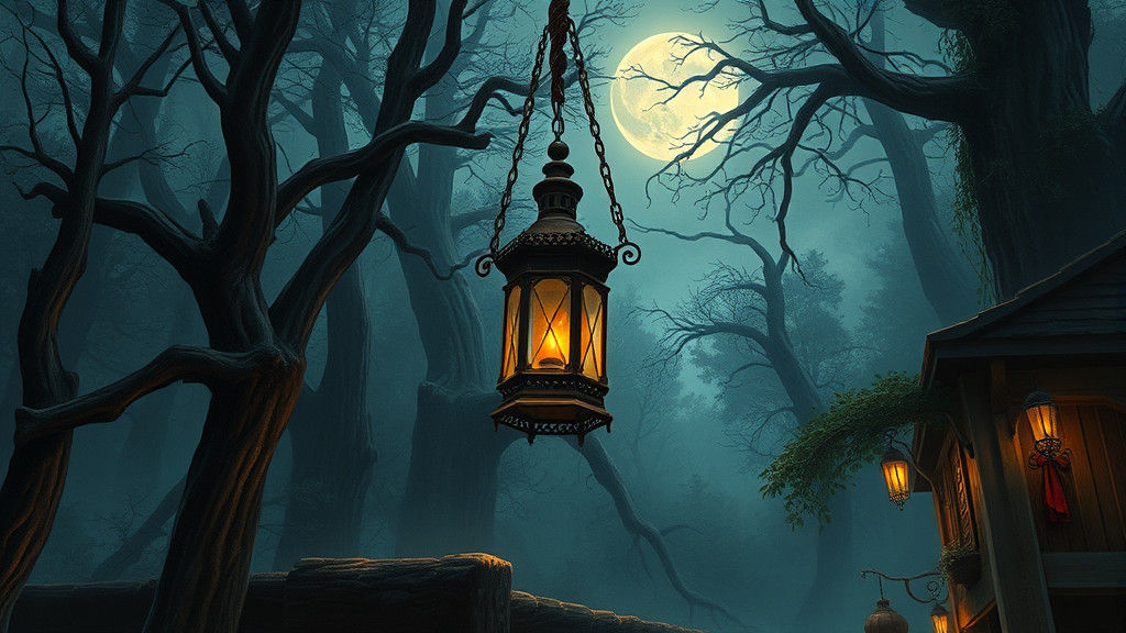 Mystical Tavern Scene with Lantern, Oil on Canvas