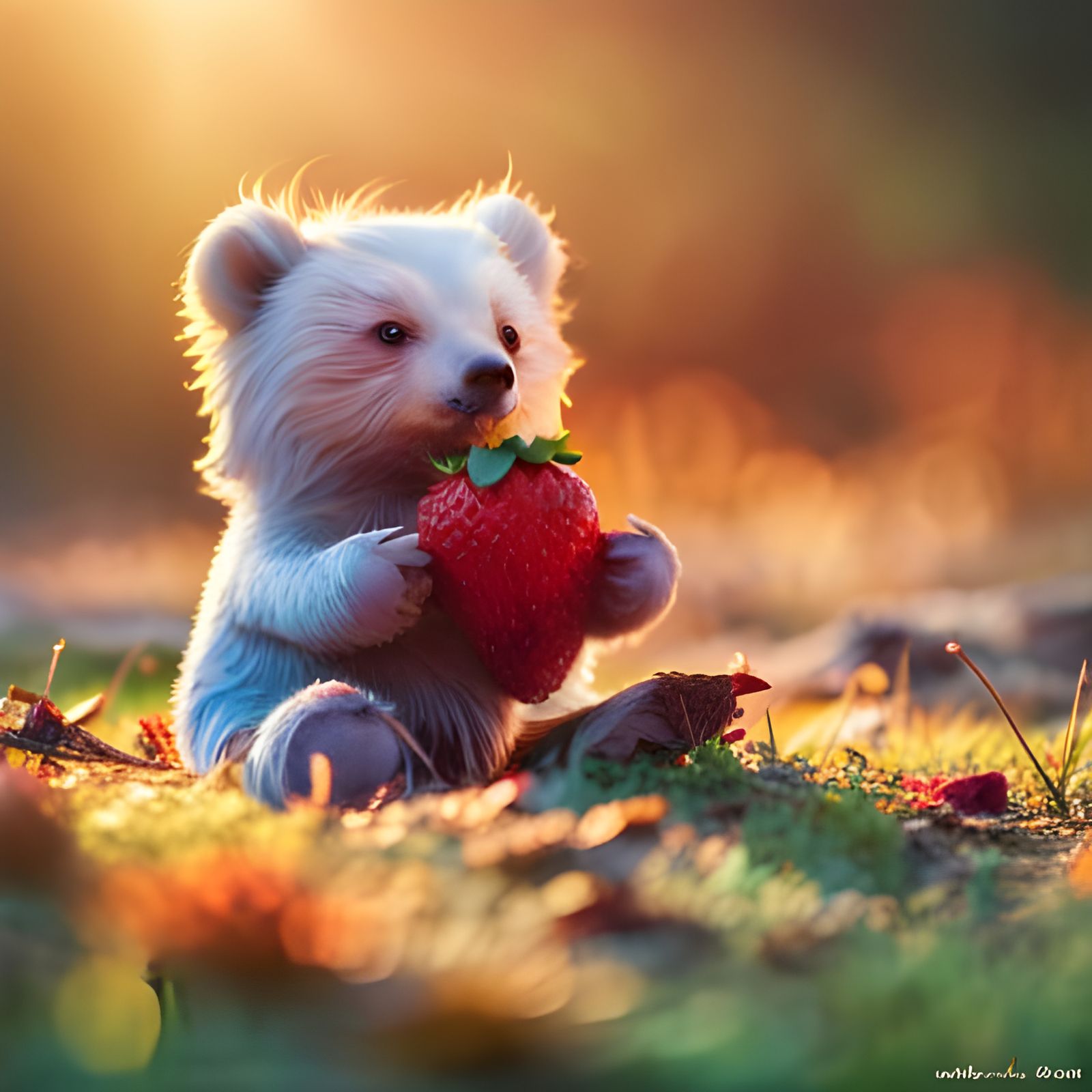 Adorable Bear Eating Strawberry in Rainbow Micro World
