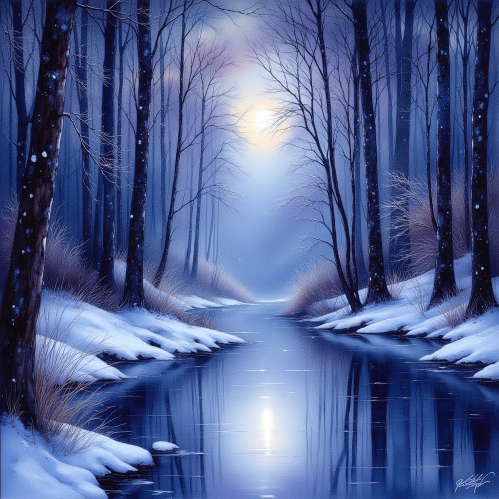 Serene Winter Night River Scene with Glowing Moon