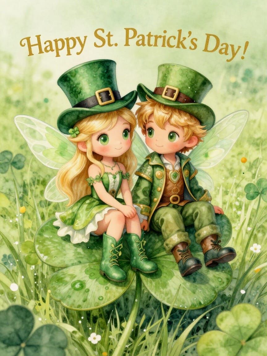 Fairies on Clover Leaf in Spring Meadow