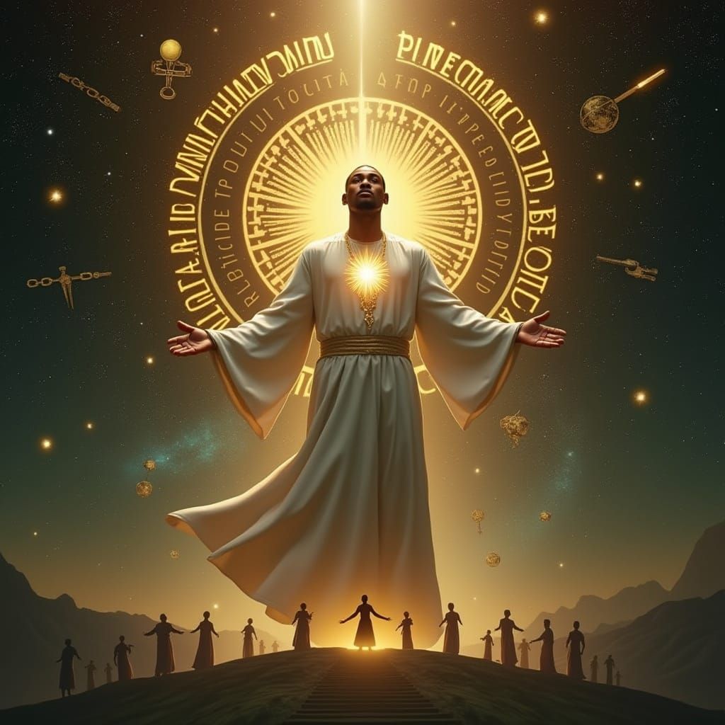 Majestic Black Figure Radiates Golden Light in Cosmic Scene