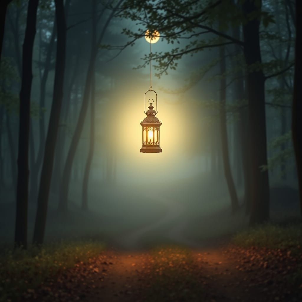 Moonlit Forest Path with Glowing Lantern